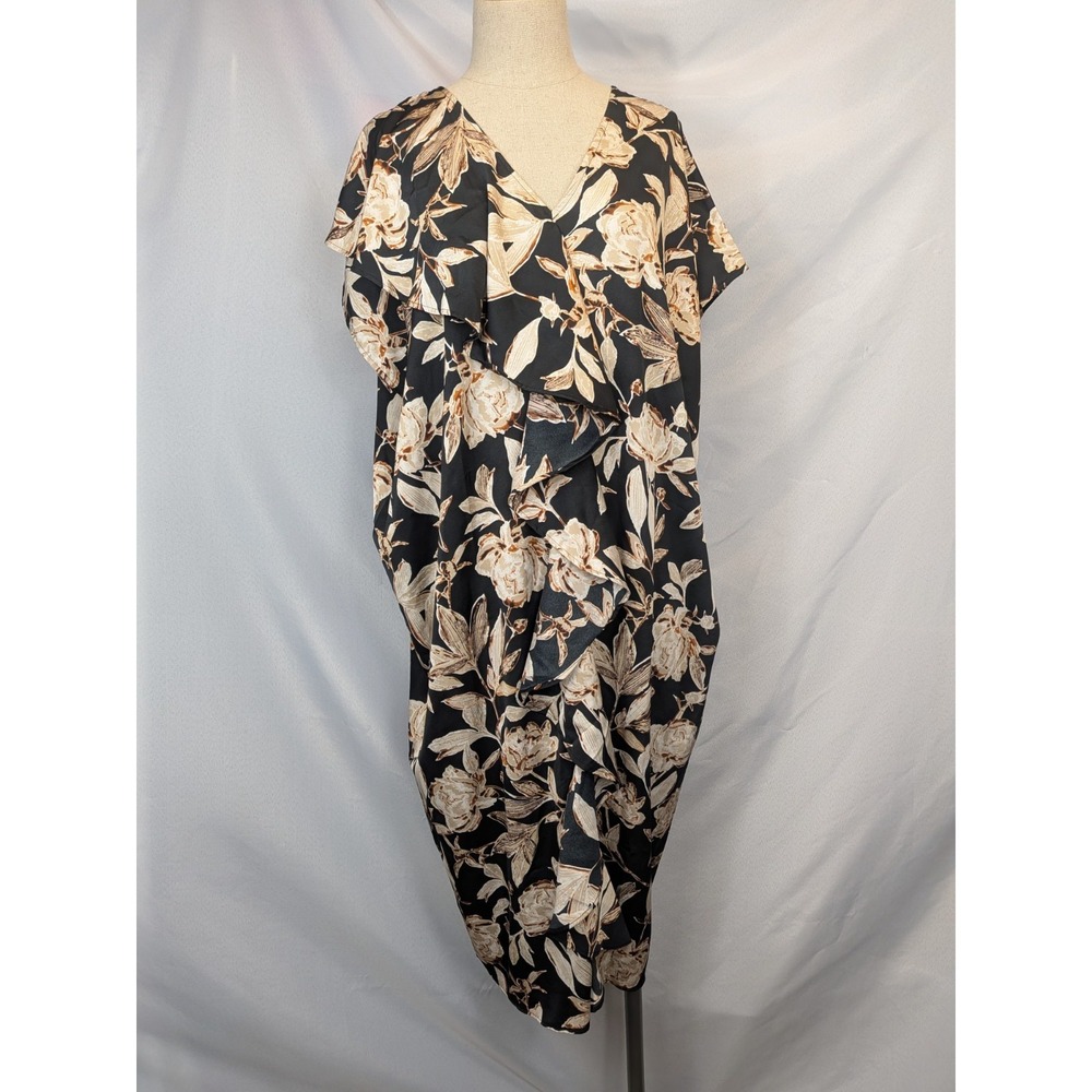 M.U.T. Designs Floral Ruffle Maxi Dress Black Tan Tropical Coquette NWT